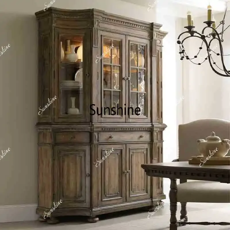 

YAmerican solid wood porch dining side cabinet storage light luxury retro old