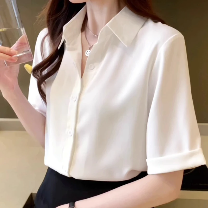 Summer Short Sleeve V-Neck Chiffon Shirt Women\'s Clothing 2024 Spring New Office Lady Loose Casual Pullover Blouse