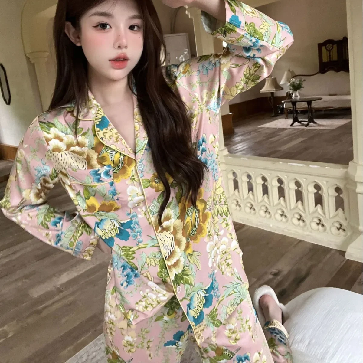 

Женские пижамы, брючный костюм, пижама с длинными рукавами и принтом, одежда для сна, весна-лето, шелковистая атласная одежда для дома, свободная повседневная домашняя одежда