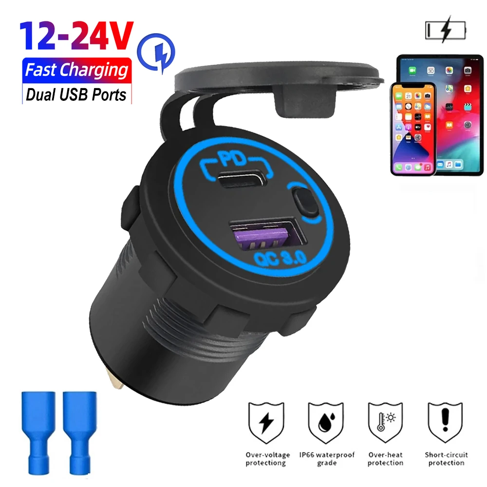 12V Dual USB Car Charger with Switch Type-C PD and QC 3.0 Fast Charging Power Socket Car Electronic Accessory for RV Yacht