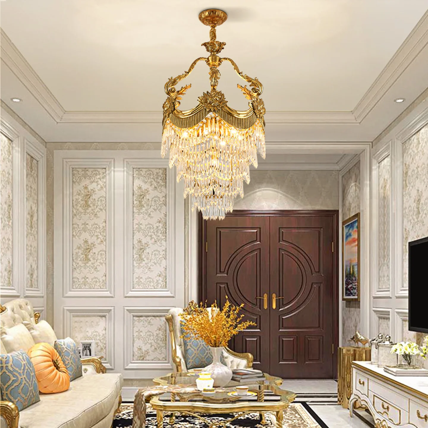 French Neo Classic Apartment Aisle Living Room Entrance Decor Crystal Pendant Light Loft Stairwell Copper Small Pendant Lamp