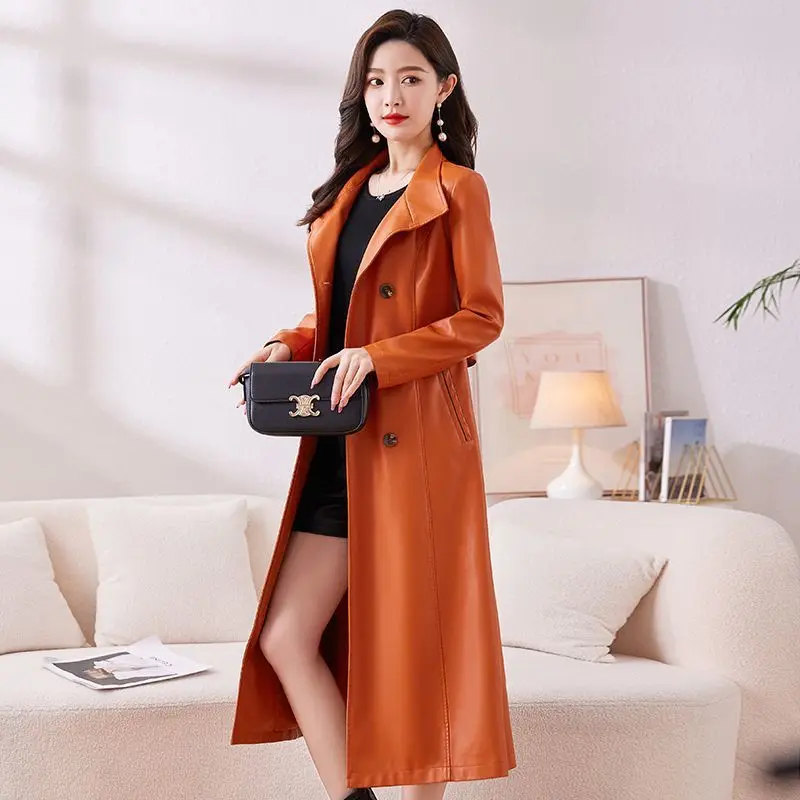 Long Leather Jacket Windbreaker Women Spring Autumn Winter 2026New Haining Leather Coat Long Outwear Korean Thin Overwear Ladies