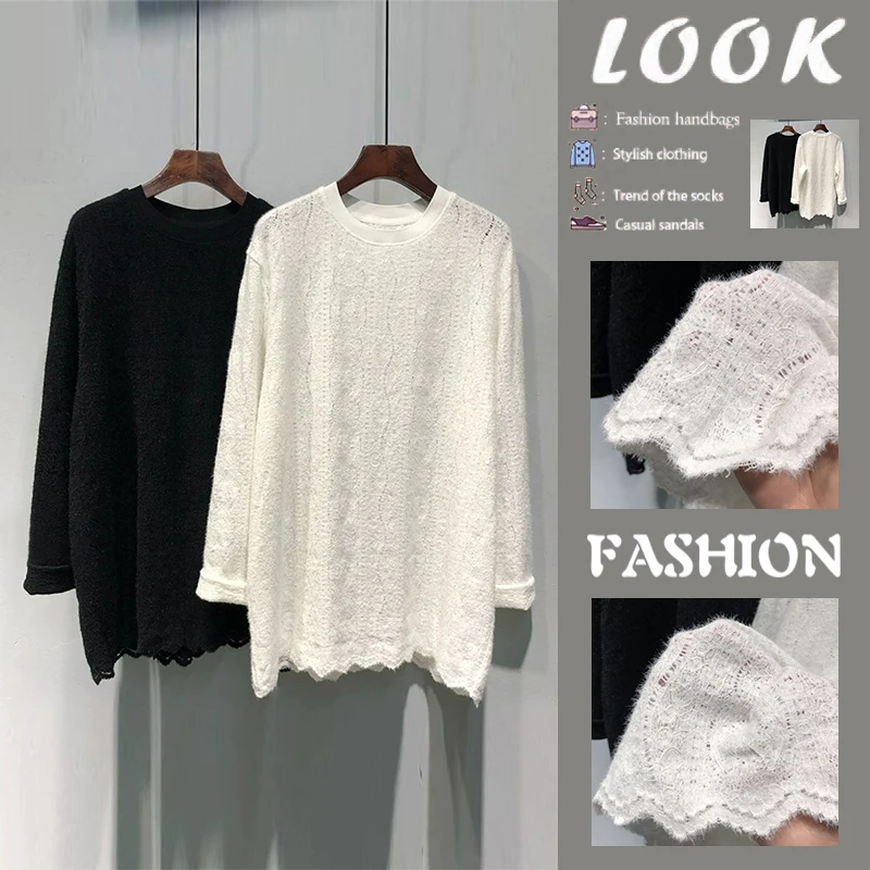 

Свободная длинная футболка Sve, корейская однотонная женская толстовка средней длины с кружевной отделкой, весенняя мода