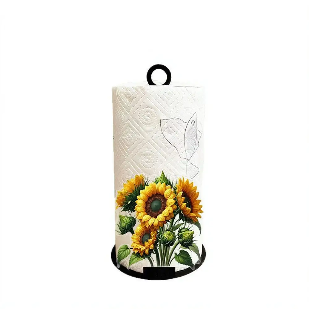 Rustic Wood Napkin Stand Sunflower Printed Vertical Paper Towel Rack Decorative Organizer For Home Kitchen