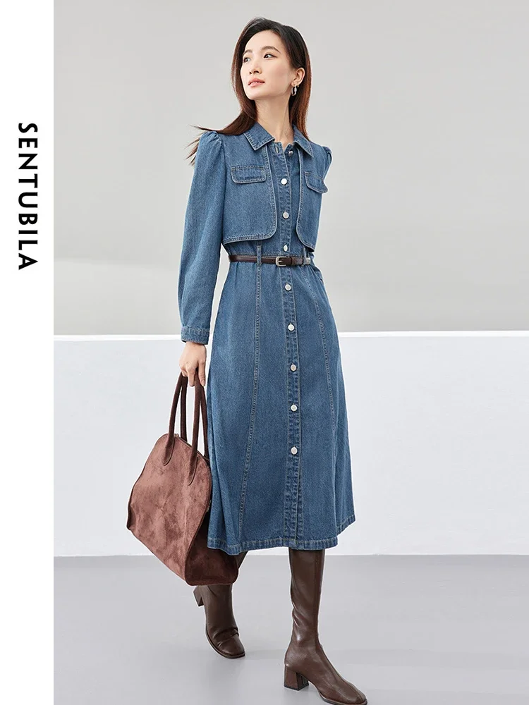 

SENTUBILA Leather Belt Denim Dresses Women 2024 Autumn Fall Fashion Single Breasted Long Sleeve Straight Midi Dress W41L53014