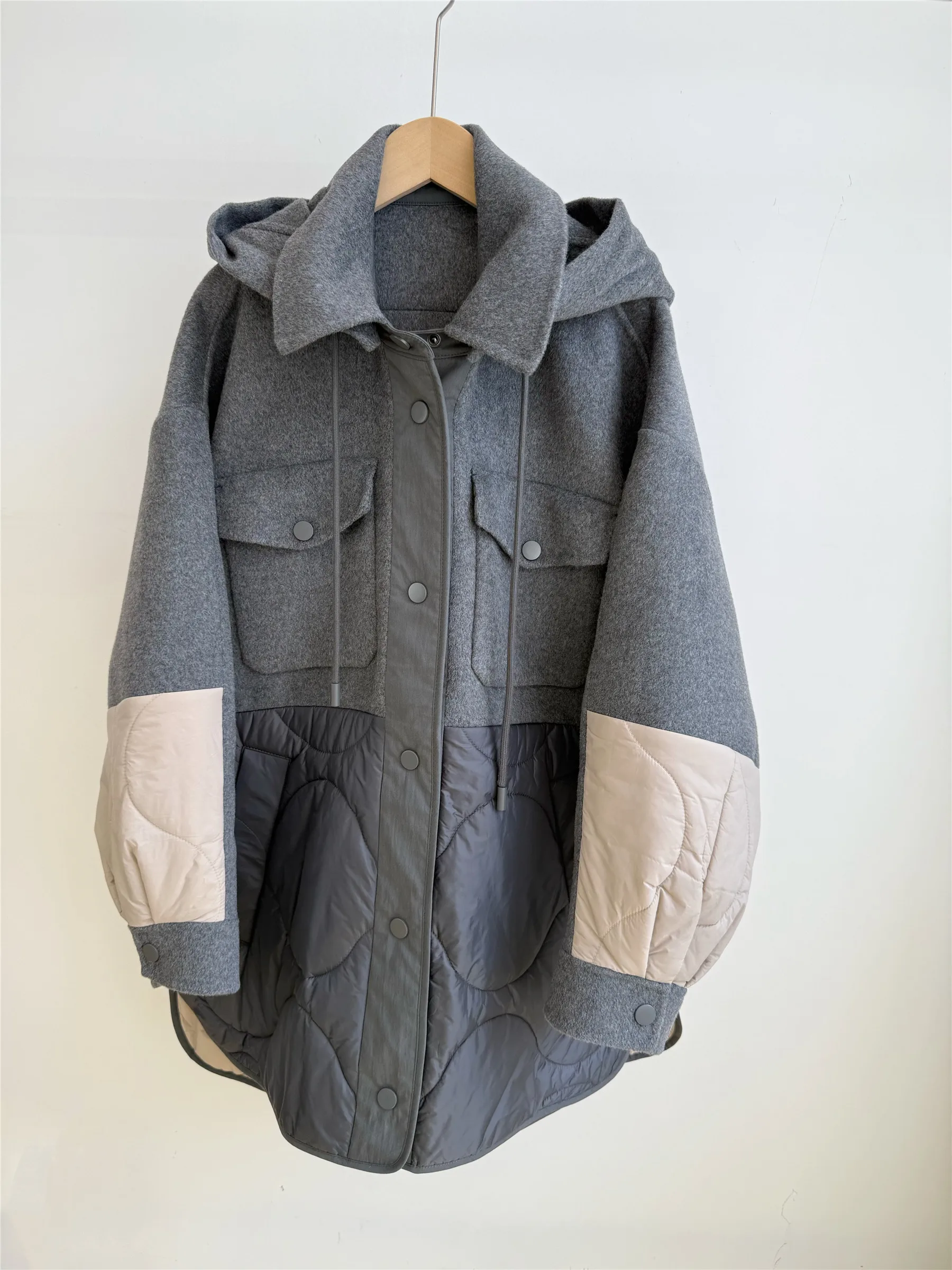 

Шерстяная хлопковая женская свободная повседневная толстовка средней длины с капюшоном, хлопковая верхняя одежда сэндвич, однотонная длинная све