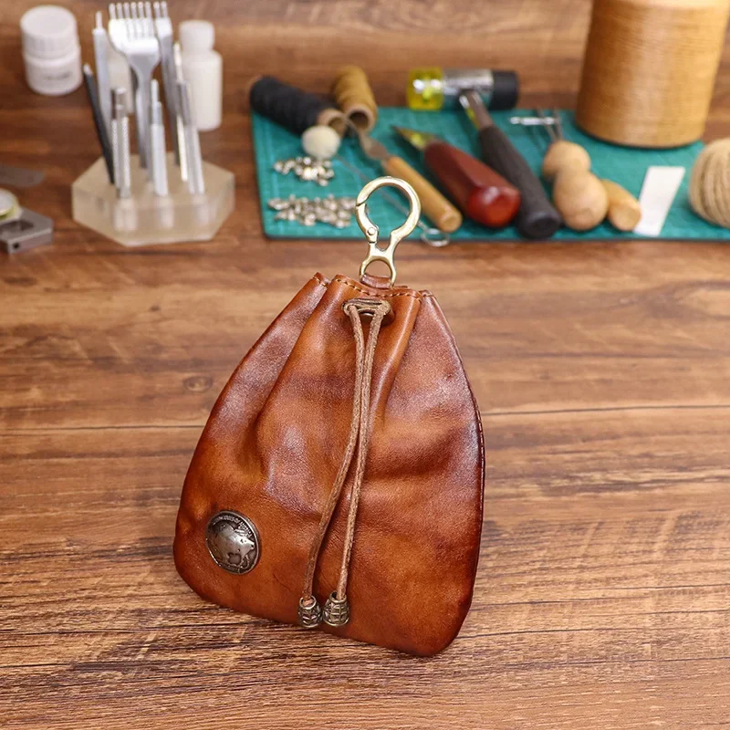 Retro Genuine Leather Coin Purse Pouch Drawstring Wallets Card Holder Car Key Bag Simple Hanging Ladies' Sachet Bag