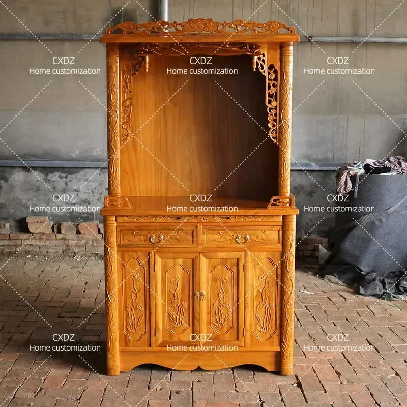 Solid Wood Buddhist Shrine Cabinet Household Altar Table for God of Wealth Bodhisattva Earth Lord Incense Holder Storage
