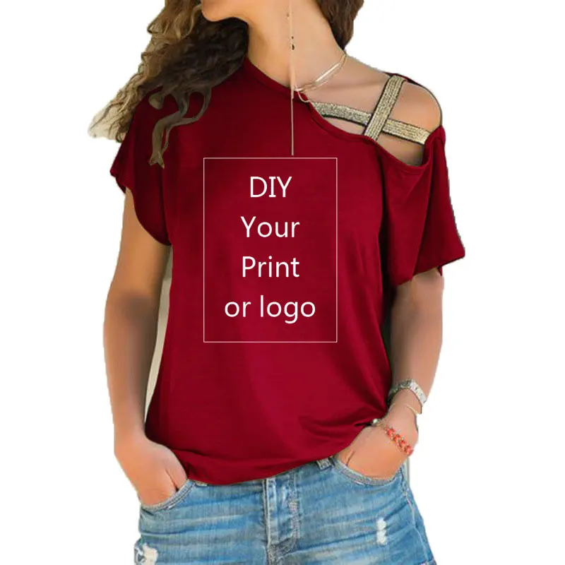 New DIY Your like Photo or Logo Customized Print T Shirt for Women Tee T-shirt Femme Irregular Skew Cross Bandage Size S-5XL Top