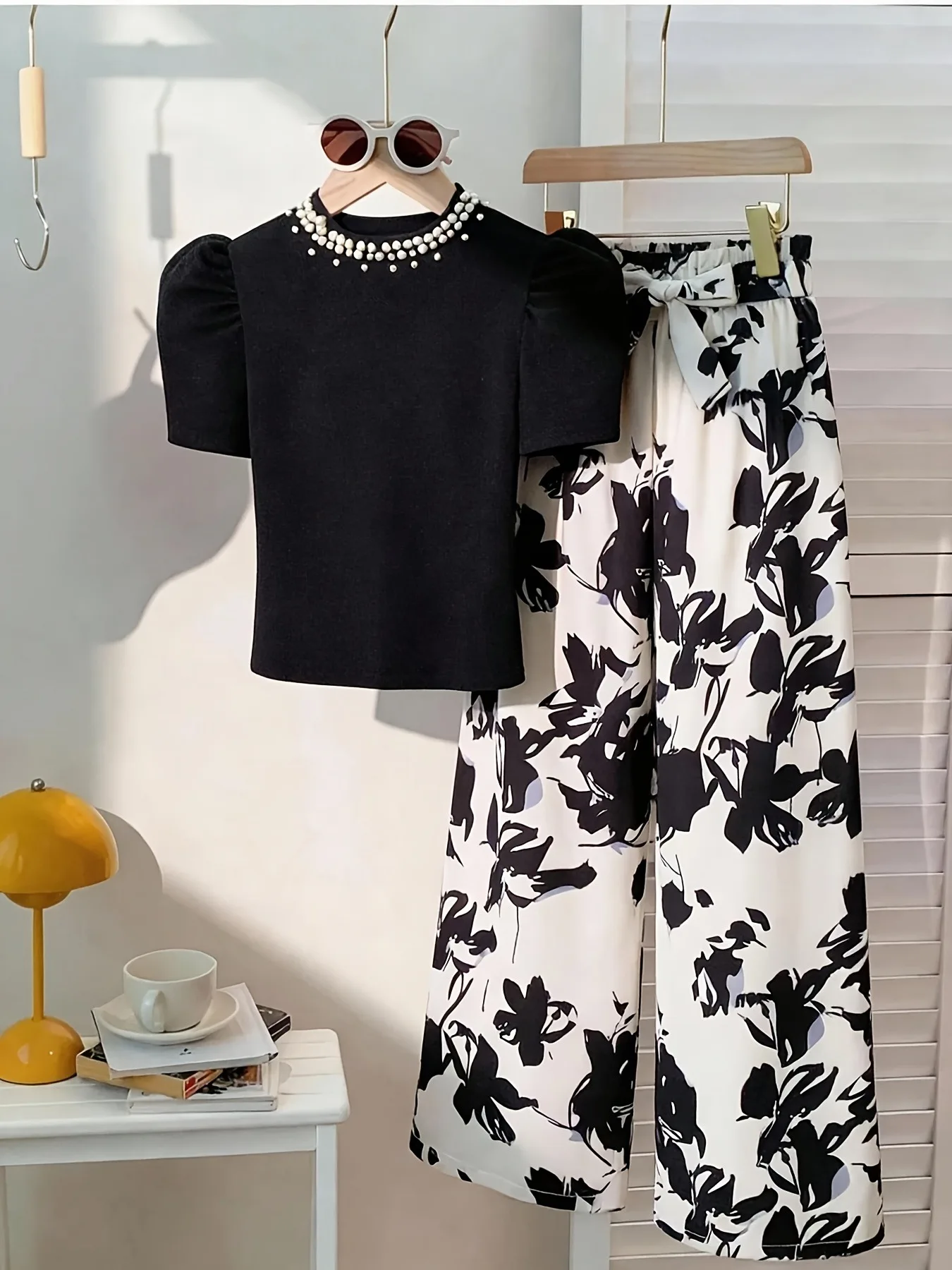 Kids Girls 2-Piece Elegant Set, Pearl Neck Puff Sleeve Black Top + Floral Print Wide Leg Pants Casual Summer Outfit