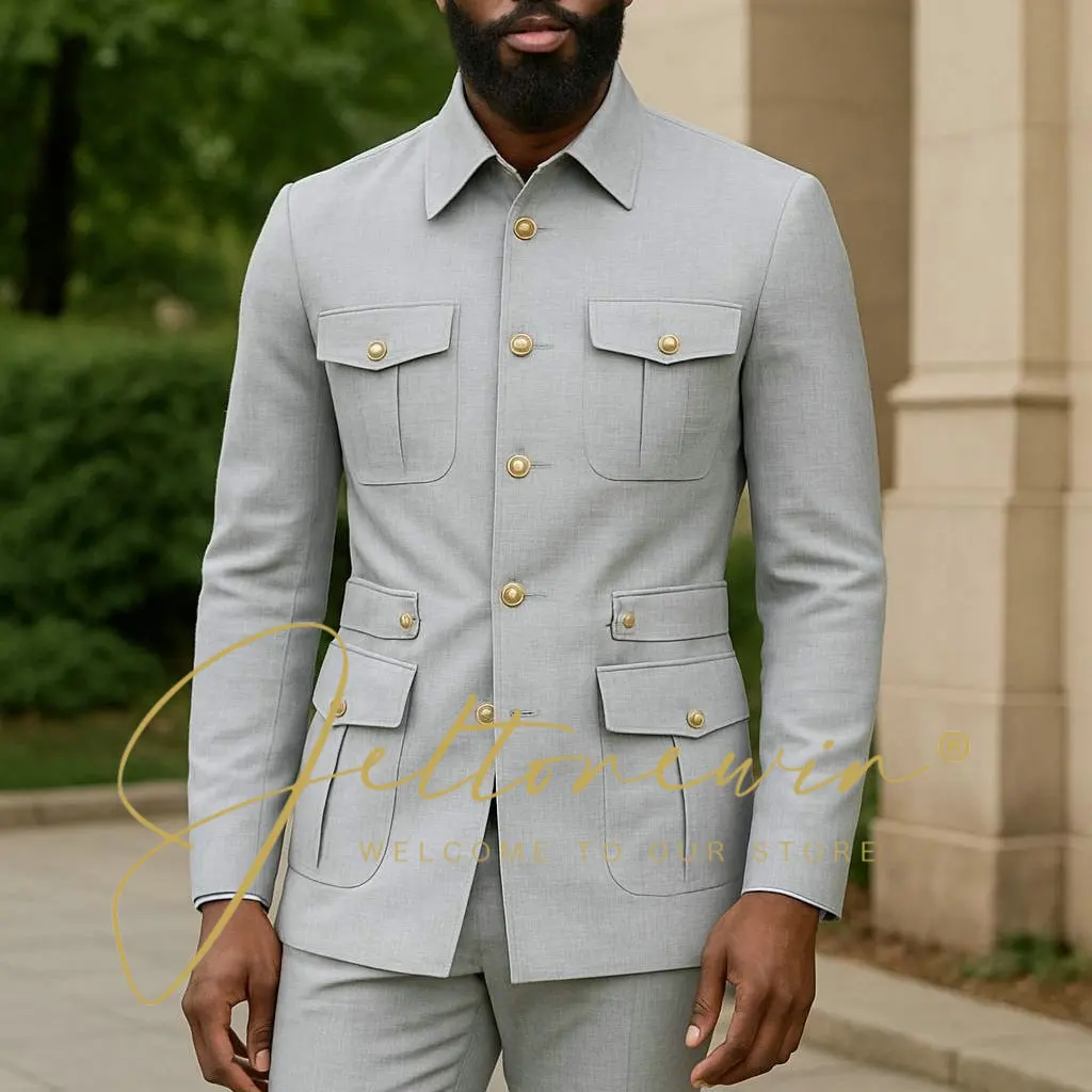 

Men's Light Grey Safari Two Piece Suit Set Latest Design Trajes Para Hombre Elegant Formal Business Wedding Part Suits Tuxedo