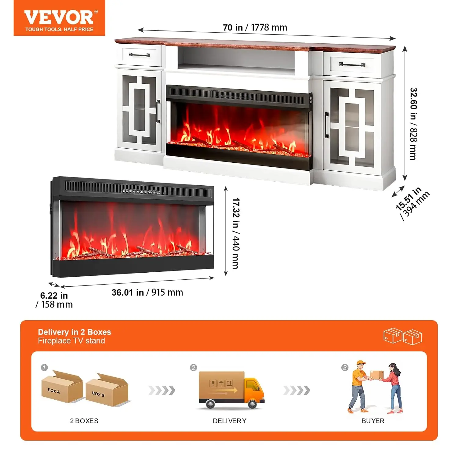 3-Sided Glass Fireplace TV Stand for 80