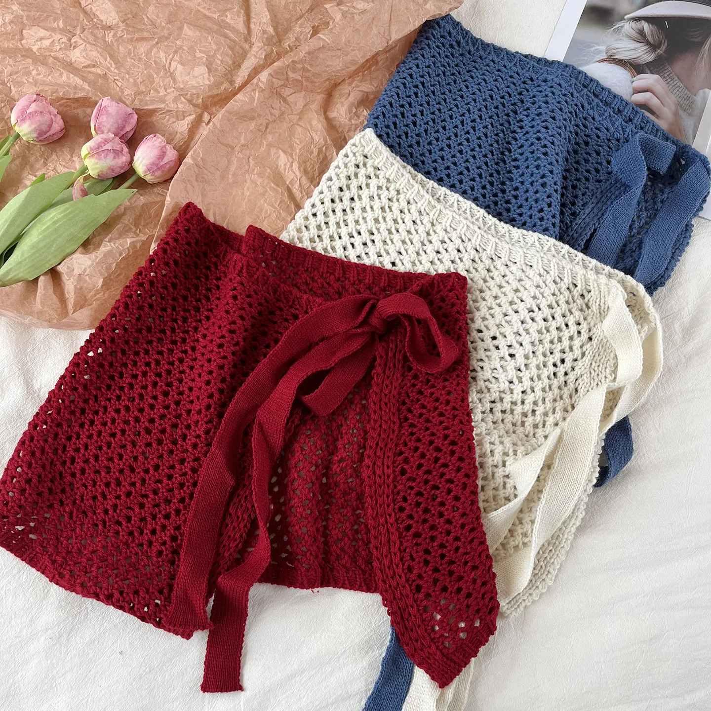 Hollow Mesh Irregular Knitted Short Skirt Fashionable Layering Hip Covering Lace Up Half Skirt Короткая Юбка