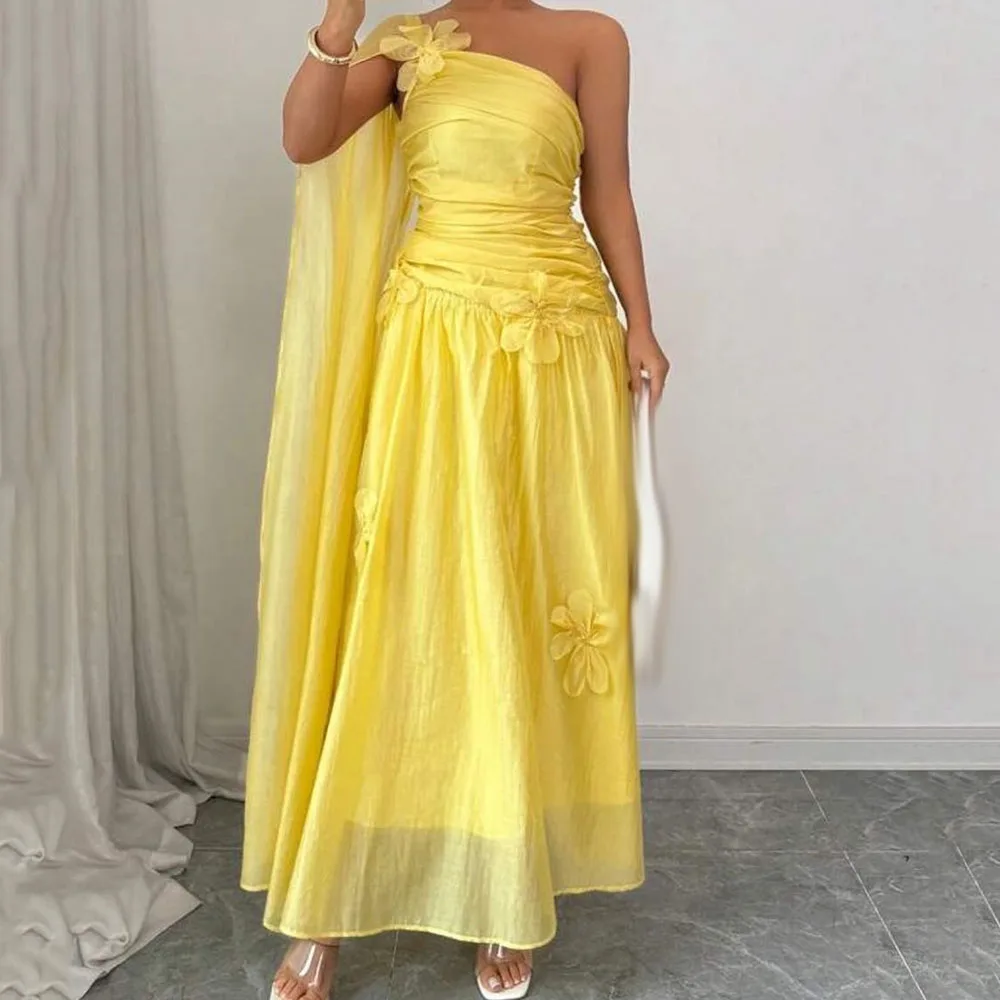

Customized A-Line Evening Dresses Ankle-Length One-Shoulder Sleeveless Prom Gown Fashion Flowers Simple Draped Party Gown