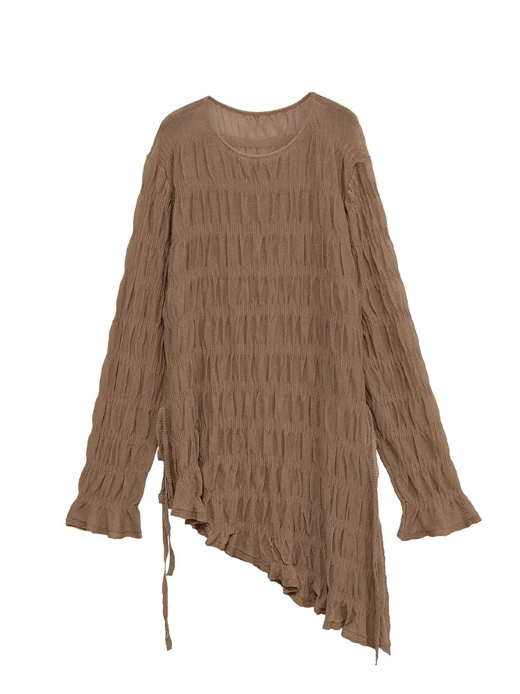 

HH Women 2025 Autumn Lace-up Crew Neck Long Sleeve Knitted Top Female Temperament Commuter Asymmetric Hem Pleated Casual Top