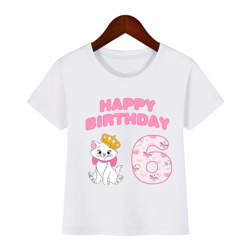 Cute Marie Cat Print Cartoon Girls Clothes 1 2 3 4 5 6 7 8 9 Years Happy Birthday Kids T shirt Baby Boys Children T-Shirt Gift
