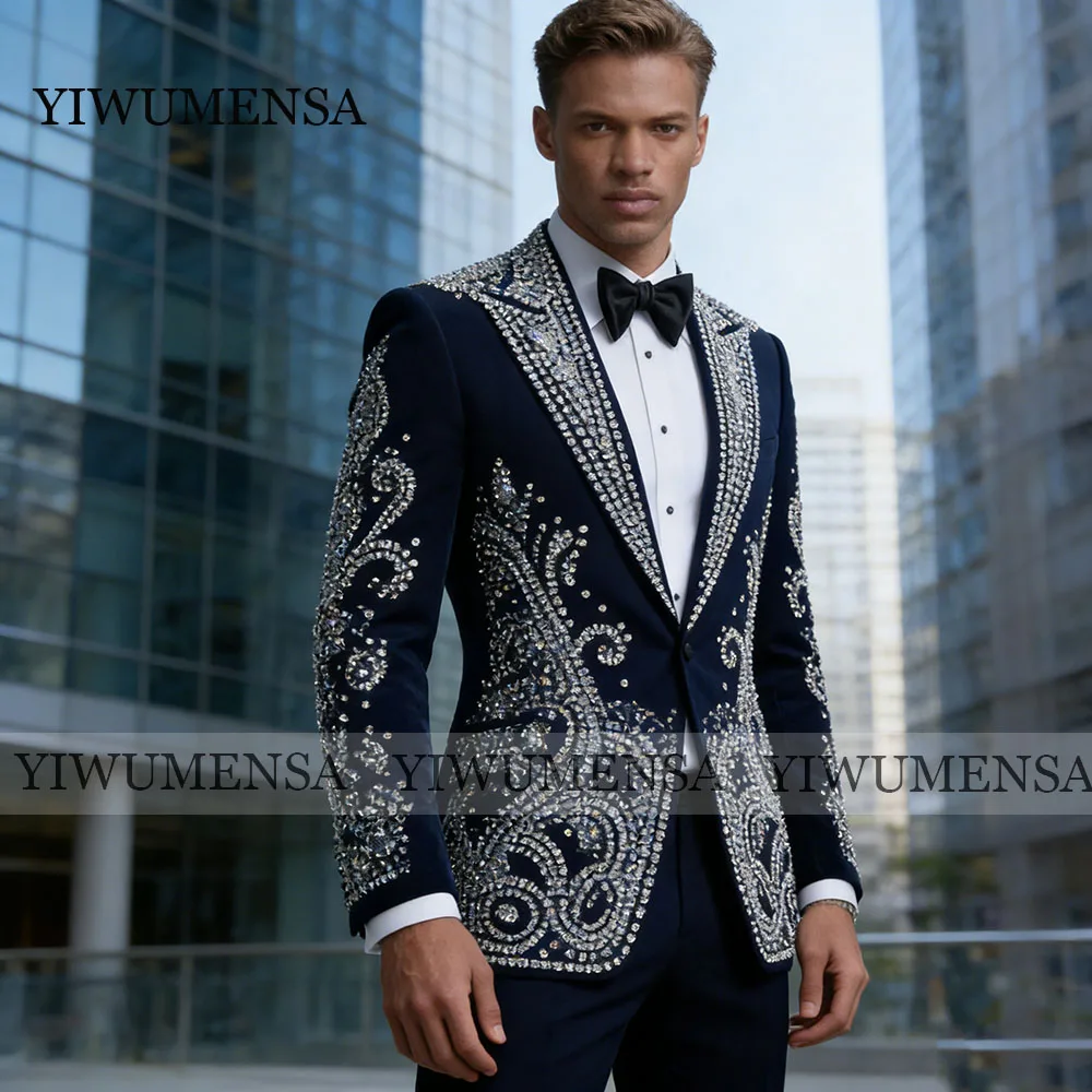 

Sparkly Beaded Stones Suits Men For Wedding Single Breasted Jacket Pants 2 Piece Set Groom Tuxedos Customized Man Party Attires