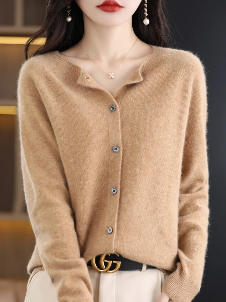 ADDONEE New Spring Autumn Women\'s O-neck Long Sleeve Cardigan 100% Merino Wool Sweater Basic Grace Cashmere Knitwear Korean Tops