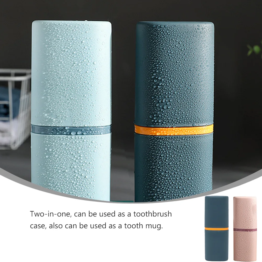 2Pcs Portable Toothbrush Case Two-in-One Washing Cup Durable Compact Travel Toothbrush Storage Container for Home Dark Blue Pink