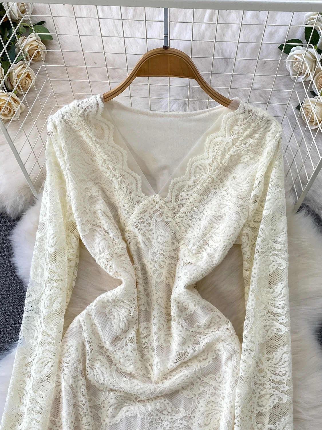 Ele V-ne Bell Sve Dr Falda larga acampanada de viaje Ci de una sola pieza con encaje de terciopelo de alta gama para mujer