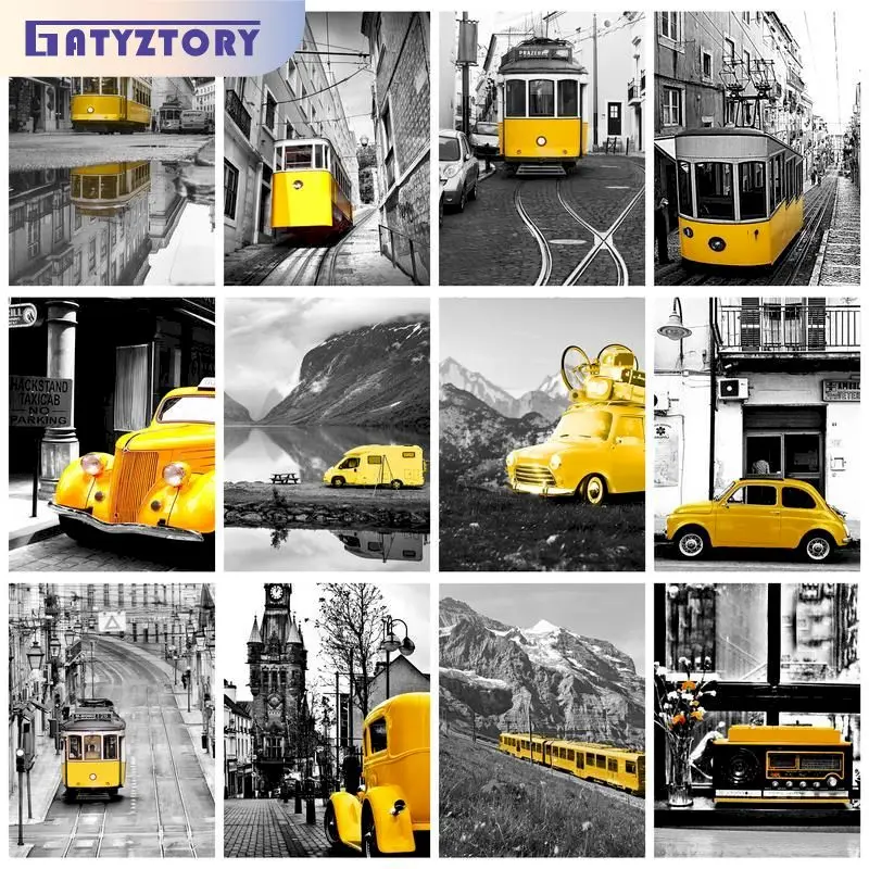 GATYZTORY Oil Painting By Numbers For Adults Yellow Bus Coloring By Numbers Diy Gift Picture Drawing Grey Landscape Handpainted