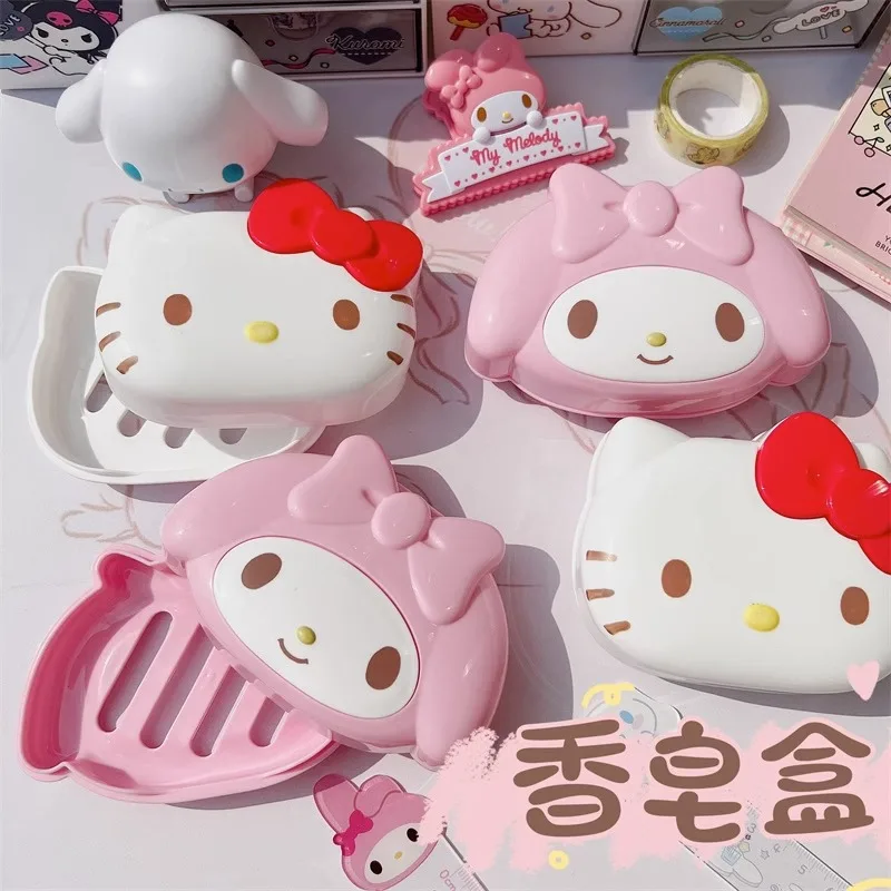 Kawaii Sanrio My Melody Soap Box Cartoon Hello Kitty Soap Box Household Bathroom Sink with Cover Drain Laundry Soap Frame