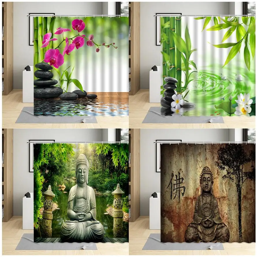 

Vintage Buddha Zen Shower Curtains Black Stone Green Bamboo Orchid Spa Asian Bath Curtain Polyester Fabric Bathroom Decor Hooks