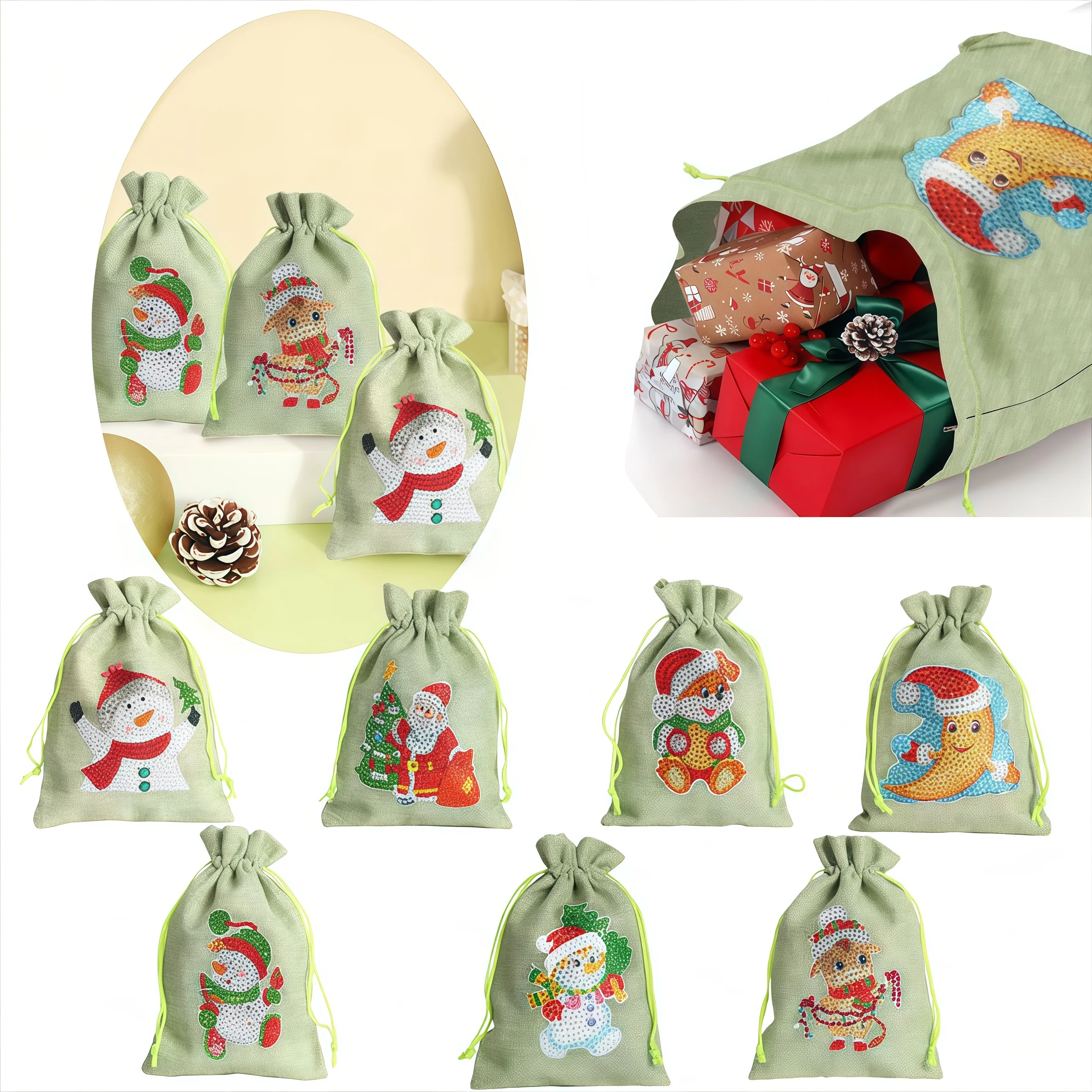 1 Piece Piamond Painting set, candy bag, Christmas pattern, linen Material, suitable for candy storage, Christmas gifts