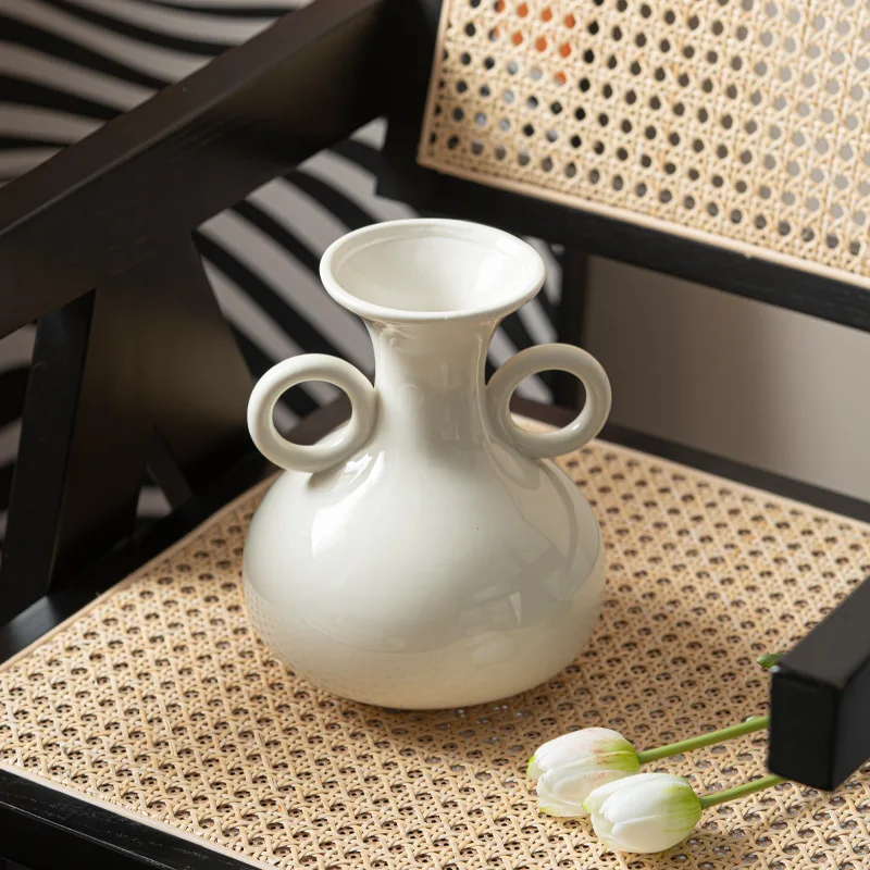 Cream Style Double Ear Vase with A Sense of Luxury, Vintage Style,High Aesthetic Value, Simple Decoration, and Dried Flower Vase