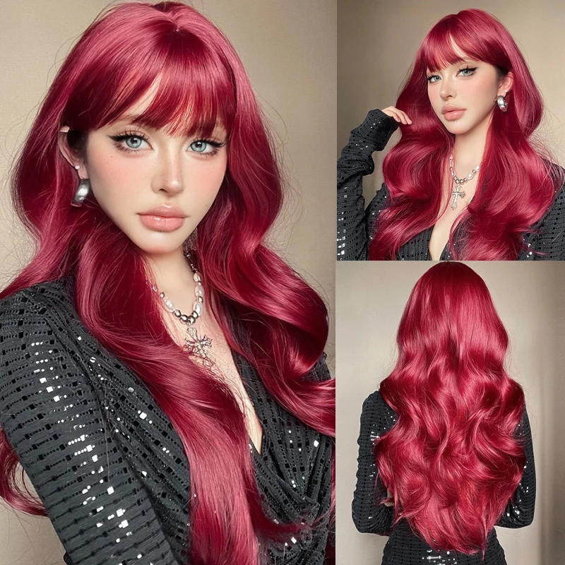 Synthetic Hair Wigs Long Burgundy Water Wave with Full Bangs for White Women Cosplay Wig High Temperature Fiber For Cosplay