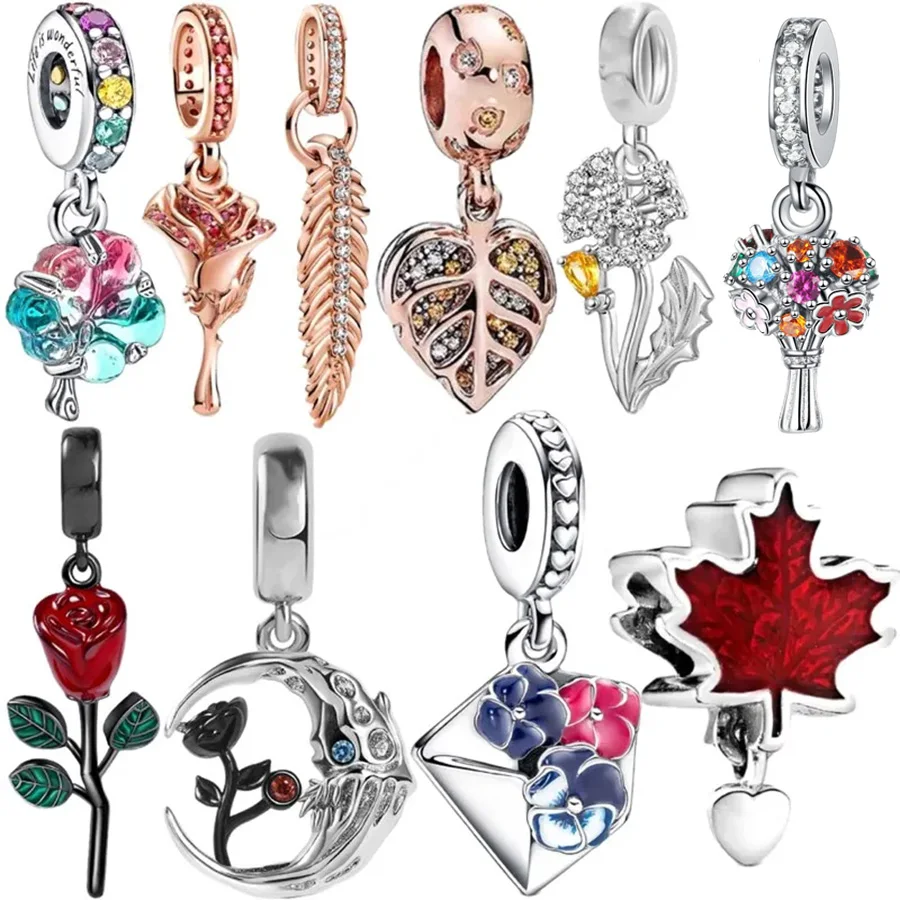 Nuevo abalorio colgante de flor de rosa negra y flor de diente de león, joyería DIY para mujer, compatible con pulsera de plata 925 Original