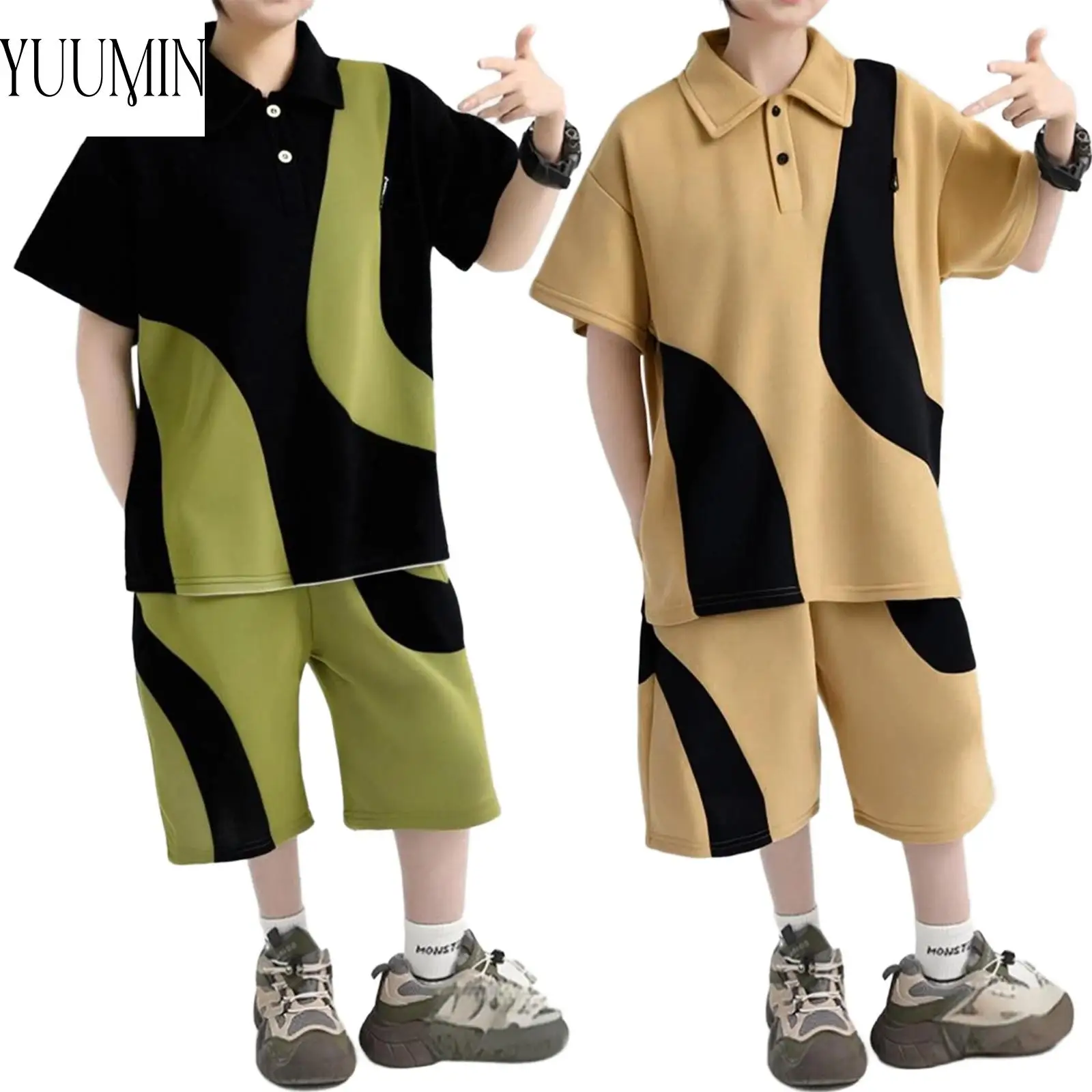 

Boys Fashion Color Block Athletic Sports Outfit Turn-Down Collar Short Sleeve Golf T-shirt with Shorts for Hip-Hop Skateboarding
