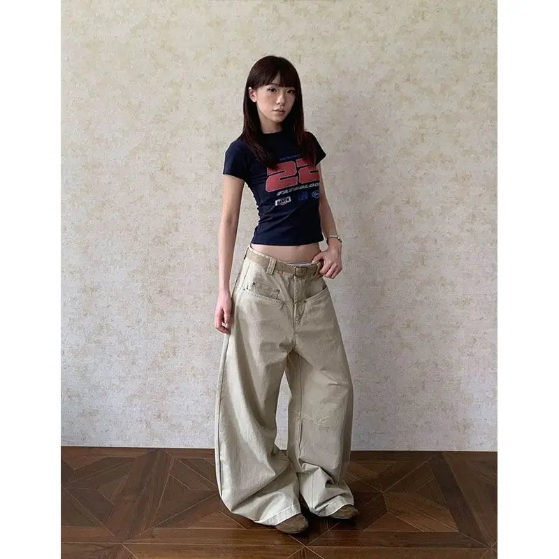 American Niche Street Personality Retro Quite Wide Loose Washed Low Waist Scimitar Denim Wide Leg Mopping Pants Lengthened