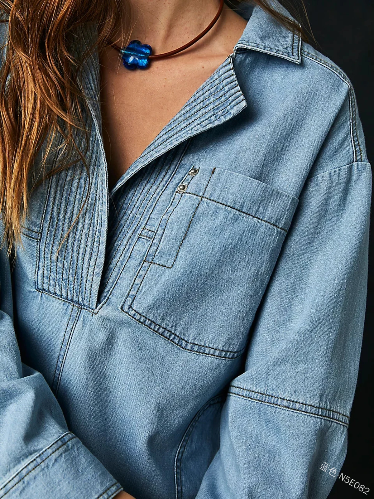 Fashion Women\'s Denim Shirt Casual Button V Neck Blouse Loose Fitting Long Sleeves Woman Jean Blouses And Shirts Top With Pocket