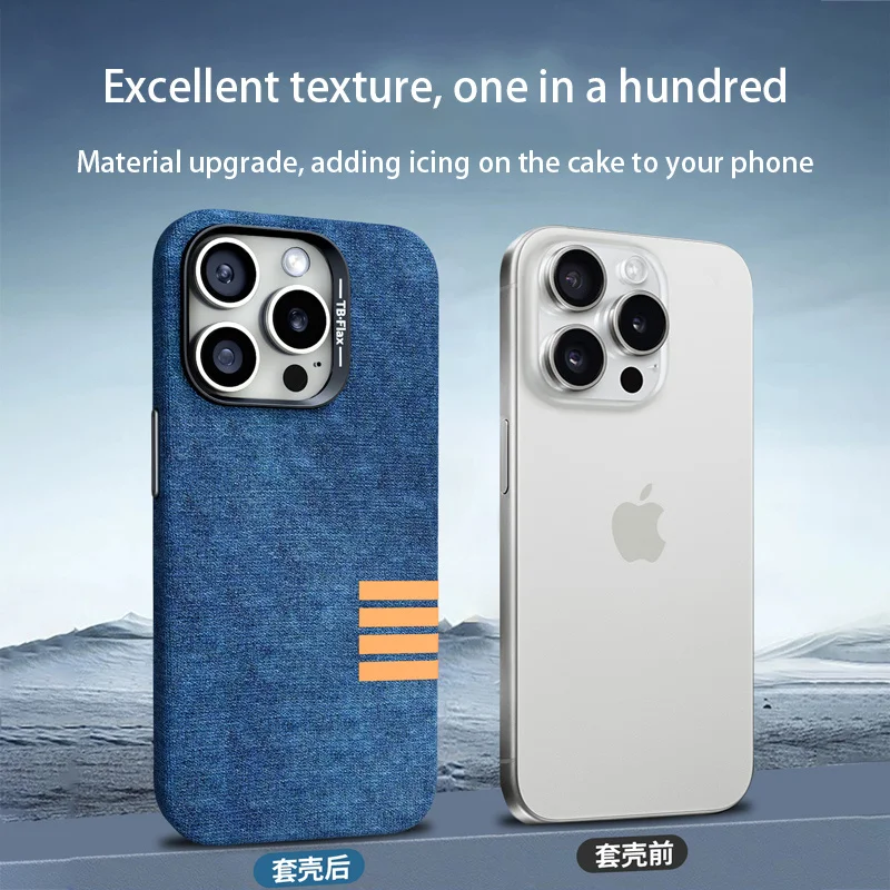 For Strong Magnetic Linen Pattern Phone Case For iPhone 15 14 13 12 Pro Max 15 14 Plus Metal Lens Shockproof Back Cover