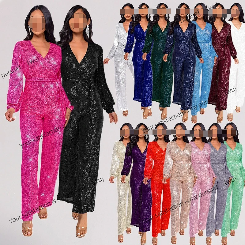 

Комбинезон с длинными рукавами и глубоким V-образным вырезом, летний женский комбинезон с высокой талией, широкий пояс с блестками, европейский и американский