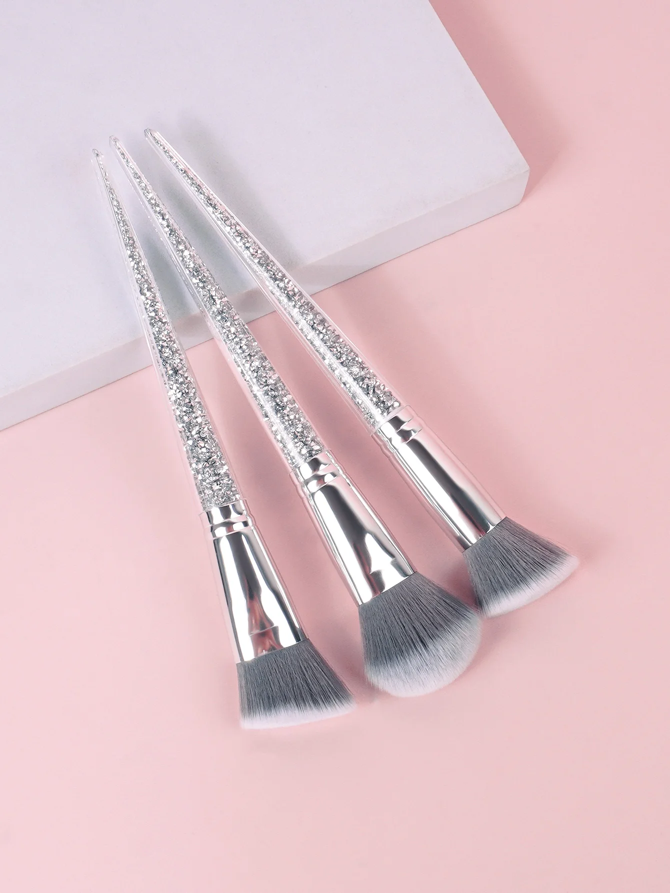 3pcs Makeup Brush Blush Concealer Eyeshadow Quicksand Silver Diamond Transparent Crystal Drill Handle Fan Brush Makeup Tools