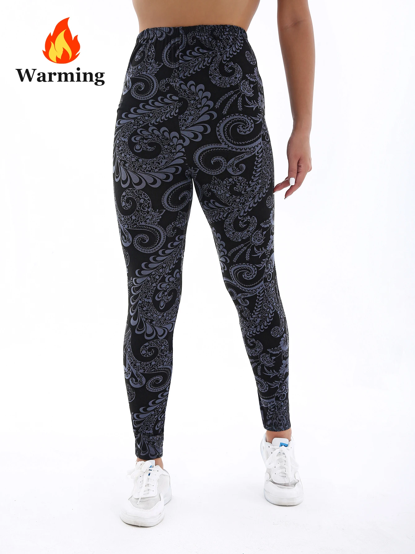 Autumn Winter 1PACK Women's Black Bottom Flower Vine and Velvet Thick Tight Legging Casual Sports Elegant Yoga Pants