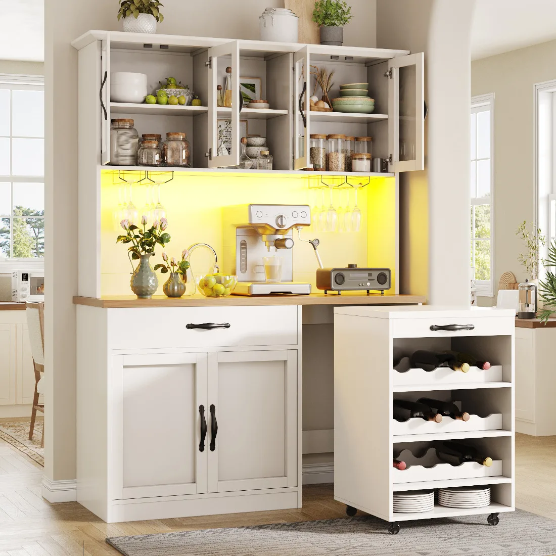 Mueble de Cocina de 140 cm de Altura con Ruedas, Iluminación LED, Estante para Copas y Botellas, Aparador Iluminado