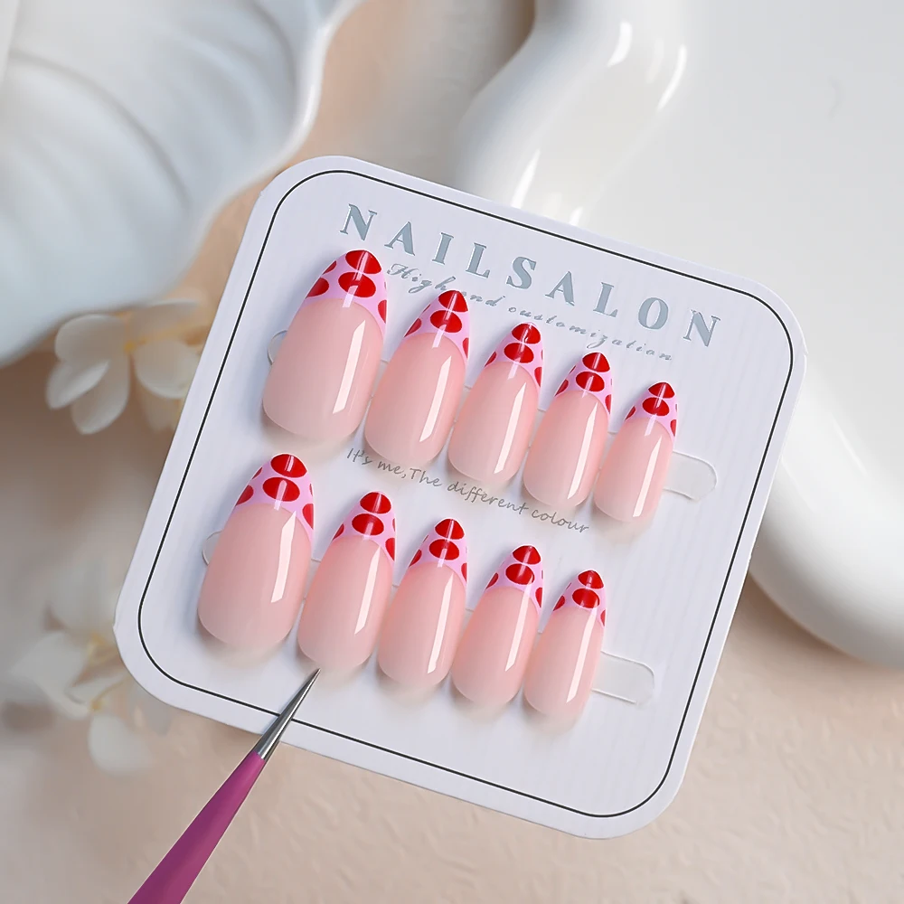 24 pezzi francese medio mandorla unghie finte acrilico stampa leopardata indossabile stampa sulle unghie rosso/nero pois copertura completa unghie finte