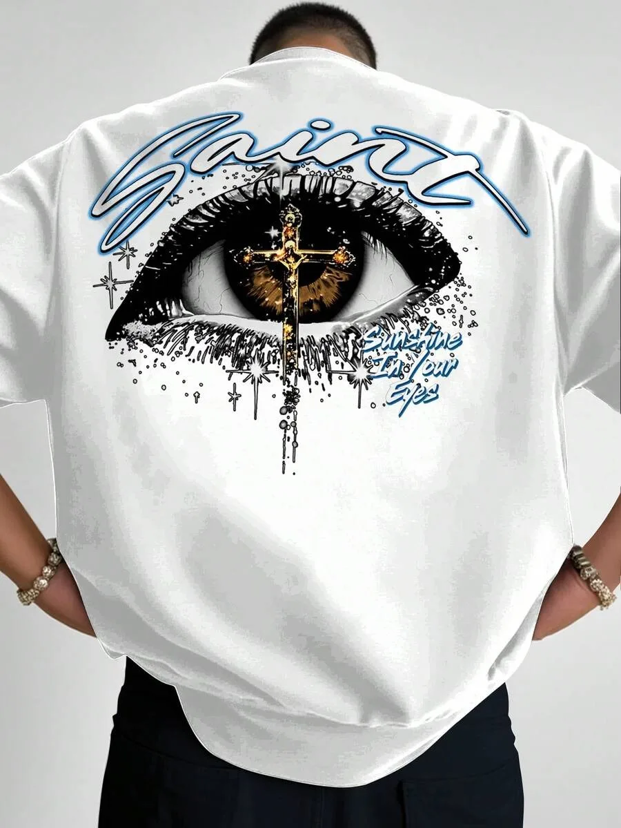2026 Manfinity EMRG Plus Size Men's Black T-Shirt with Saint Letter and Eye Print, Streetwear Style, Suitable for Daily Wear