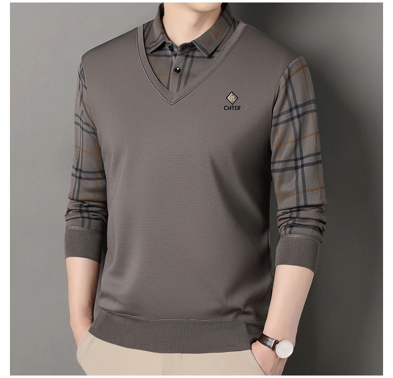 Herren Plaid Pullover Fleece Pullover Slim Fit Elegante Luxus Marke Gefälschte Zwei Stücke Gestrickte Pullover – Detail 5