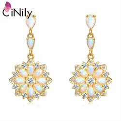 CiNily Large Long White Fire Opal Daisy Stud Earrings Yellow Gold Color Tear Drop Stone Sun Flower Luxury Cocktail Party Jewelry