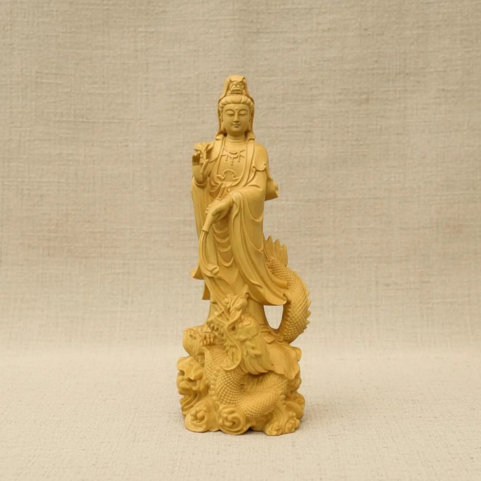 Wood Carved Guanyin Statue Feng Shui Dragon Guanyin Sculpture Avalokiteshvara Figure Positive Energy Buddha Statue Long-Lasting