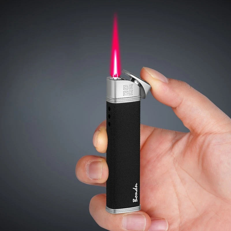 

Мини-тонкая ветрозащитная зажигалка с красным пламенем, модная и портативная, тонкая и компактная надувная бутановая подарочная зажигалка