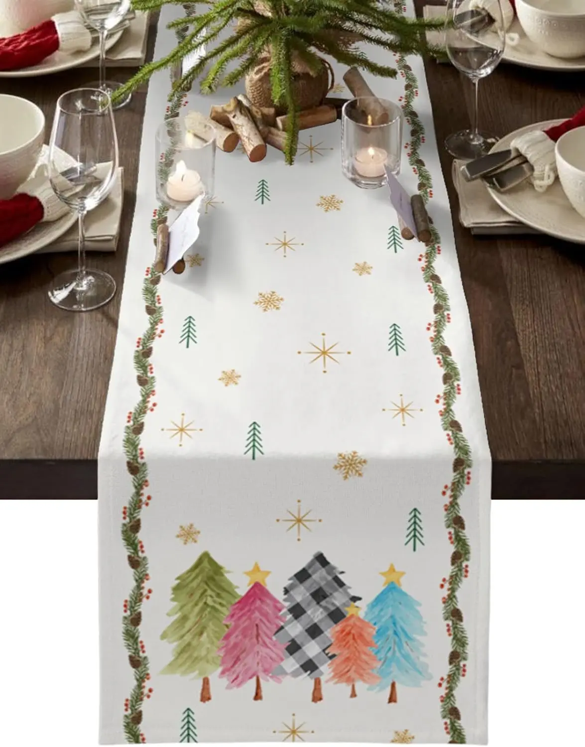 Christmas Blue Pink Xmas Tree Pine Needles Geometric Snowflake Linen Table Runners Party Decorations Washable Christmas Decor