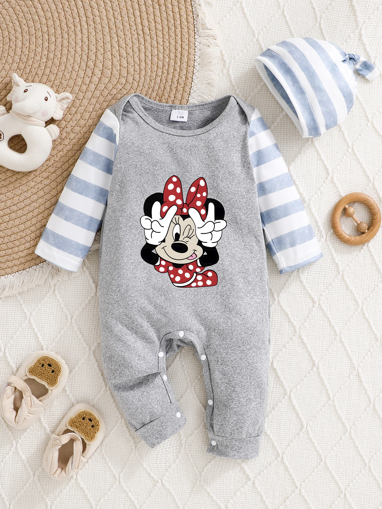 

【Officially Authorized】 Disney "Minnie Mouse" Baby Hooded Jumpsuit: Polka Dot Minnie Peace Sign Pose Print
