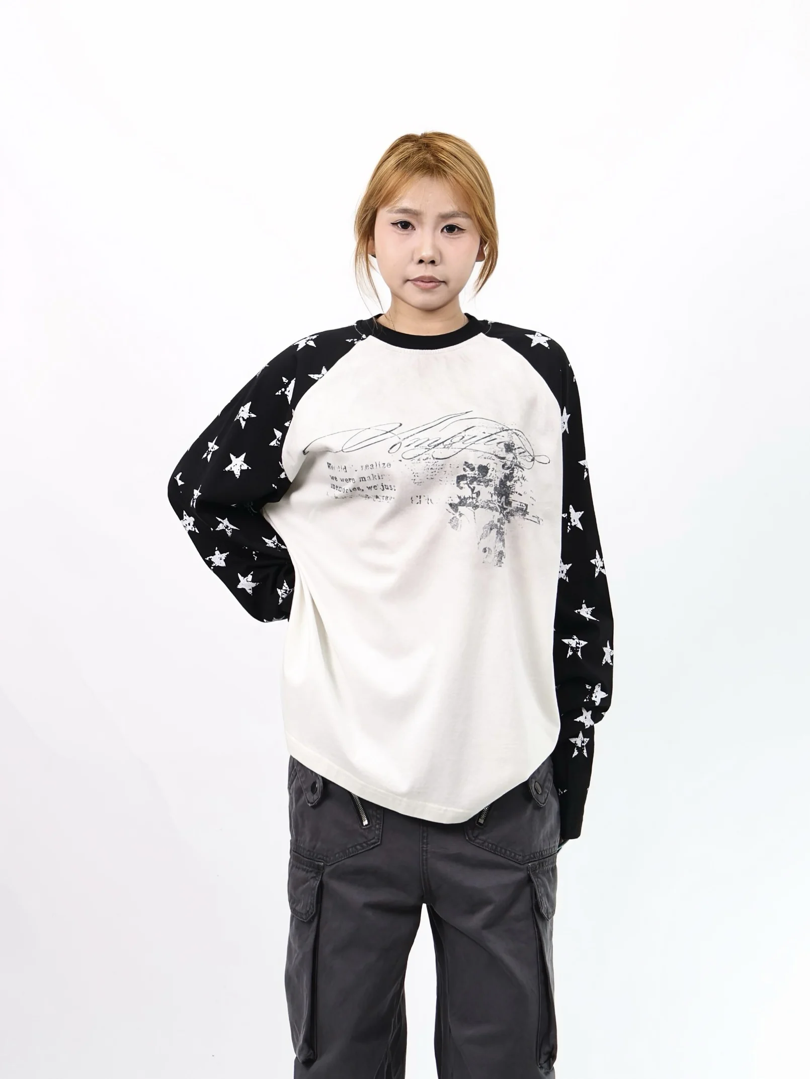 Blackat Vintage Color Block Star Print round Neck Long Sleeve T-Shirt Unisex Loose Fit Versatile Base Layer Trendy Top