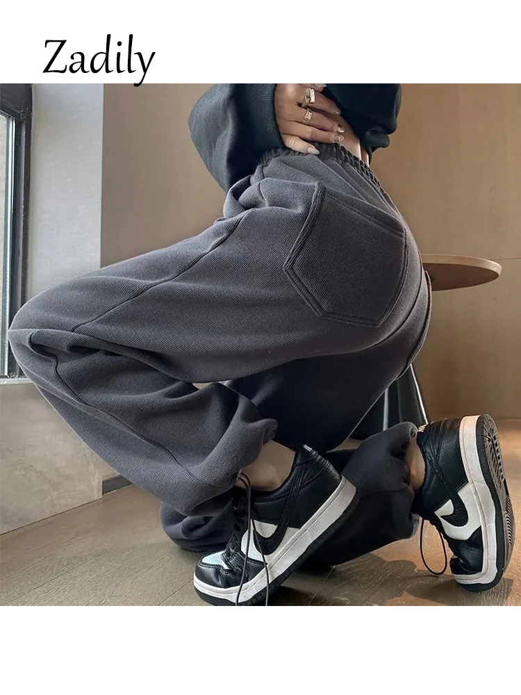 

2025 зимние спортивные брюки полной длины для женщин, широкие толстые брюки, корейский стиль, теплые женские свободные брюки с высокой талией