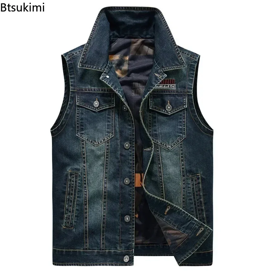 Gilet di Jeans da uomo nuovo gilet di Jeans senza maniche stile moto Casual Multi-tasca con stampa Hip Hop da uomo